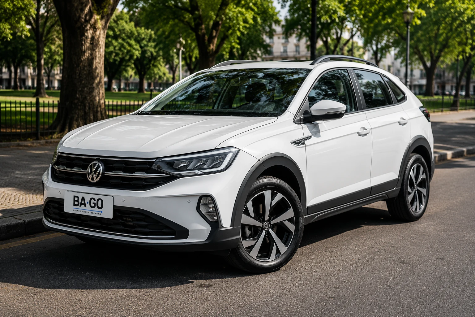 White Volkswagen Nivus Trendline automatic crossover rental in Buenos Aires - front exterior