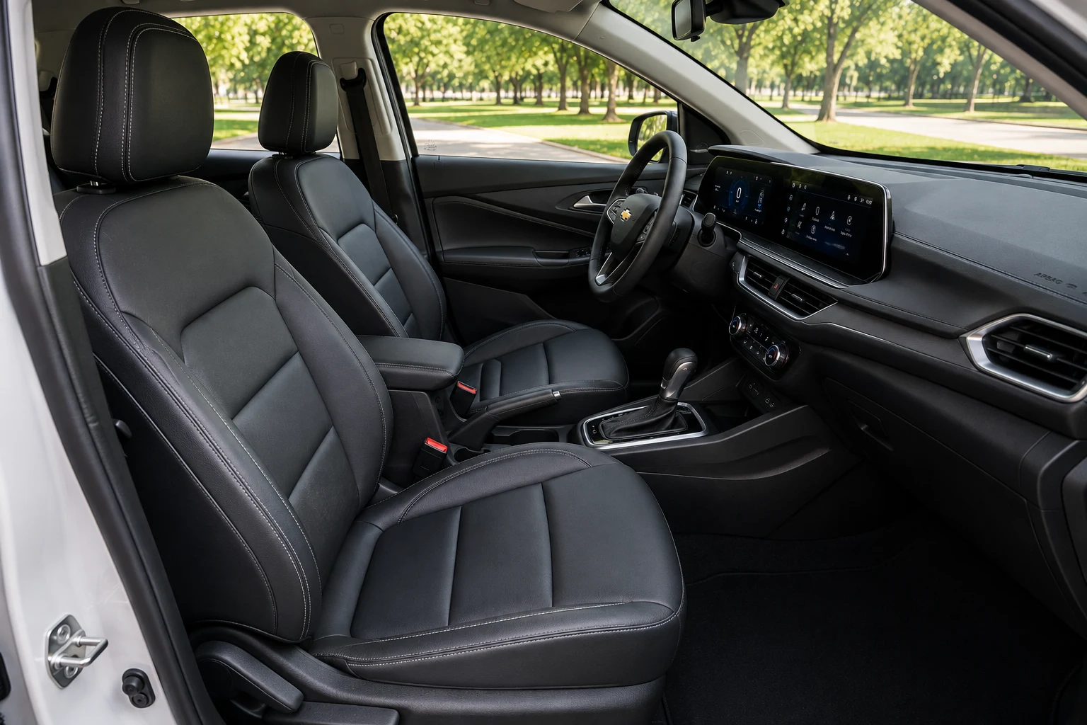 Chevrolet Spin Premier black leather front seats and modern digital dashboard
