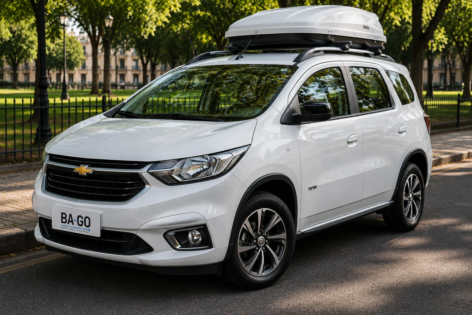 White Chevrolet Spin Premier 7-seater rental in Buenos Aires with white roof cargo box - front exterior